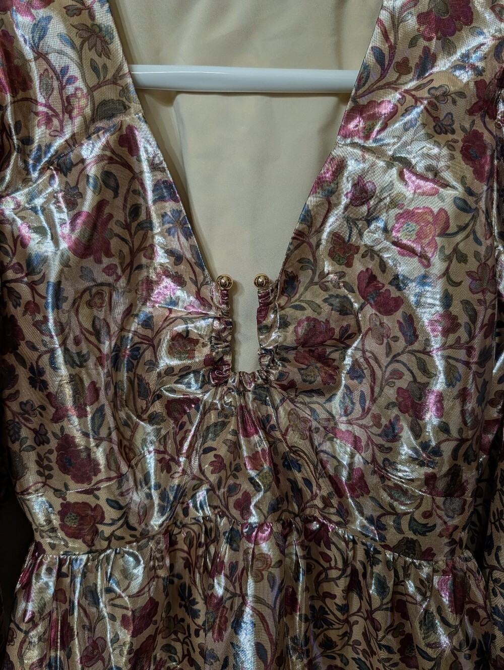 RHODE alma top in cream vichy metallic floral rose balloon Sleeve Size 4 - Picture 3 of 5